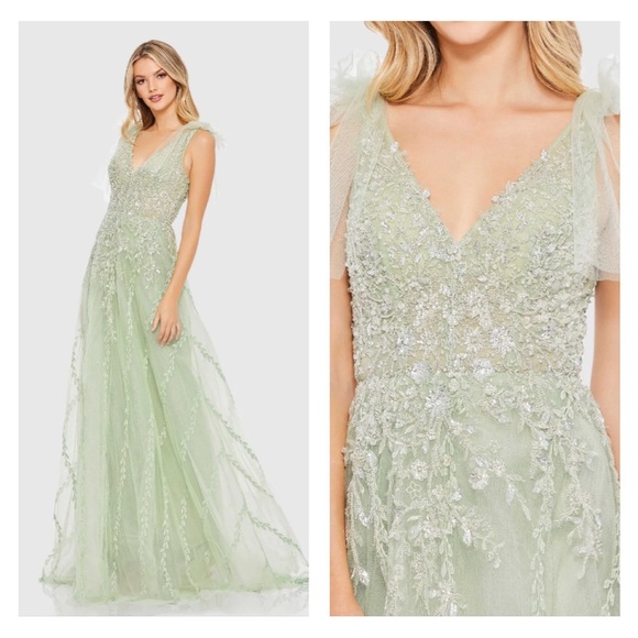 NWT Mac Duggal 20313 Embellished Soft Tie Sleeveless V Neck Gown Green - Picture 1 of 15